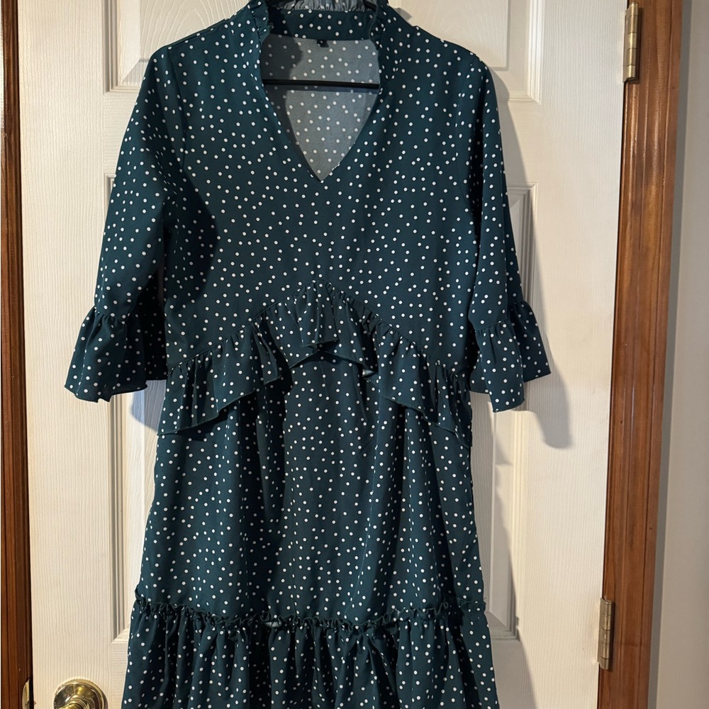 Chic Teal Polka Dot Midi Dress with Ruffles